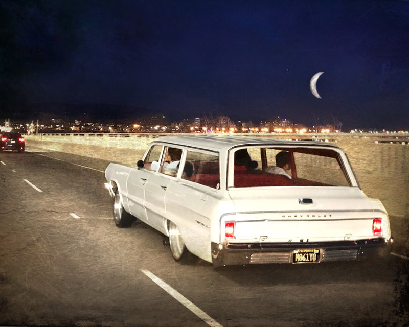 Bay Bridge, Oakland, crescent moon, John Nieto, mobile photography, digital fine art, vintage cars