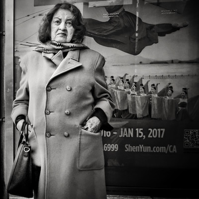 Woman in Coat, bus stop, muni, San Francisco, john nieto, street photography, mobile photo awards, mobiography, black and white